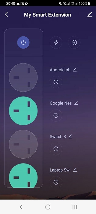 Turn different switches on and off for a smart power strip/extension on the mobile app (Android). 