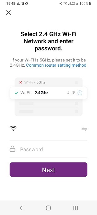 Enter Wi-Fi SSID and password under selected 2.4 GHz connection in Android.