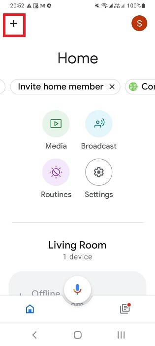 Click plus sign on Google Home app homescreen for device additon.