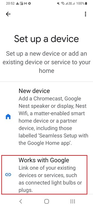 Click Works with Google for setting up a device in Google Home app.
