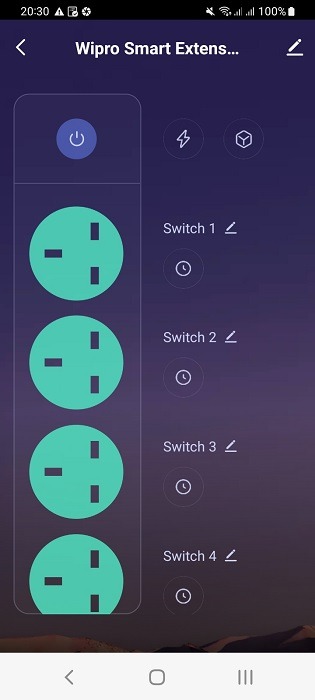 A smart power strip's online switches visible on a companion app for Android. 