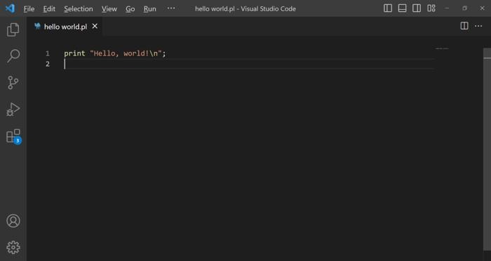 Visual Studio Code Perl Screenshot Hello World
