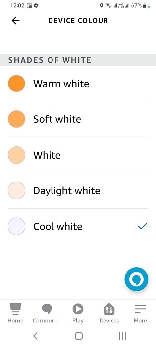 Different device colors and shades for batten in Alexa app for Android. 