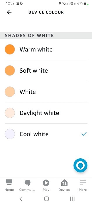 Different device colors and shades for batten in Alexa app for Android.