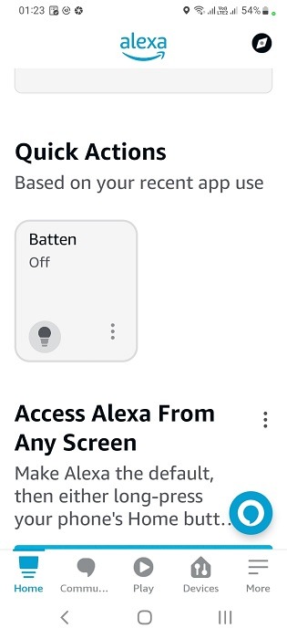 Quick actions on and off for batten light in Alexa app for Android.