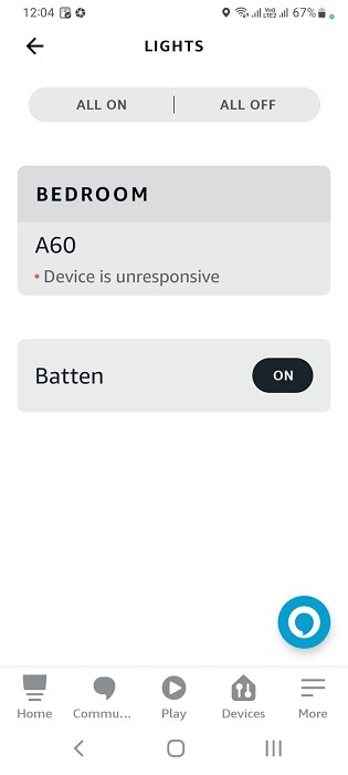 Newly added batten visible in Lights category of Alexa app.