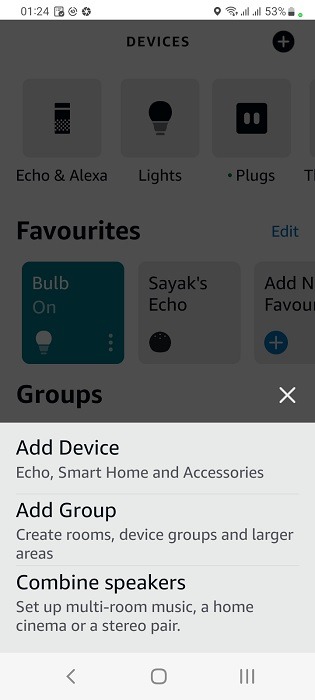 Click Plus sign in Alexa app to "Add device" in smart home category. 