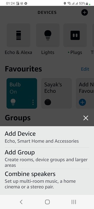Click Plus sign in Alexa app to "Add device" in smart home category.
