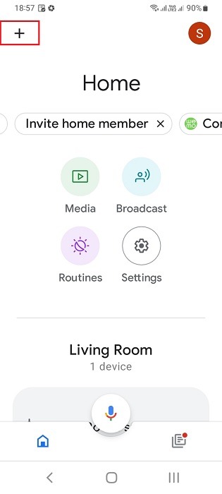 Click plus sign to add new devices in Google Home app home screen for Android.