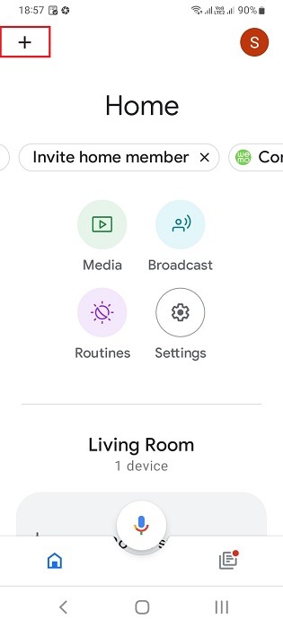 Click plus sign to add new devices in Google Home app home screen for Android. 