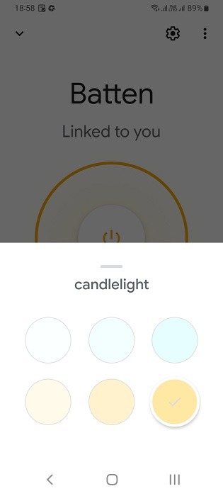 Candlelight color chosen in batten put inside Google Home application. 
