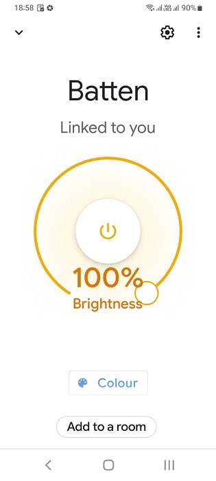 Brightness and power settings visible in Batten device on Google Home application.