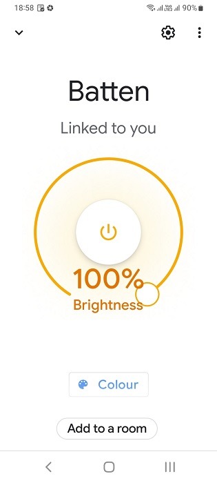 Brightness and power settings visible in Batten device on Google Home application. 