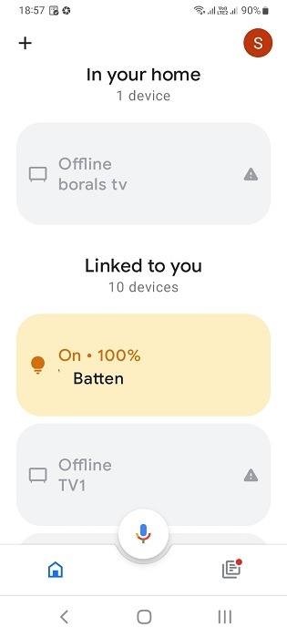 Connected batten device visible in Google Home application for Android. 