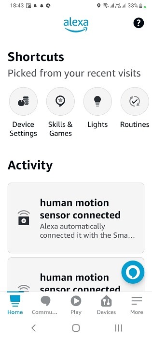Alexa automatically connected motion sensor lights to its app settings on Android.
