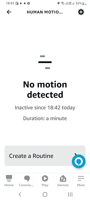 No motion detected message in Alexa app (Android) for a human motion sensor.