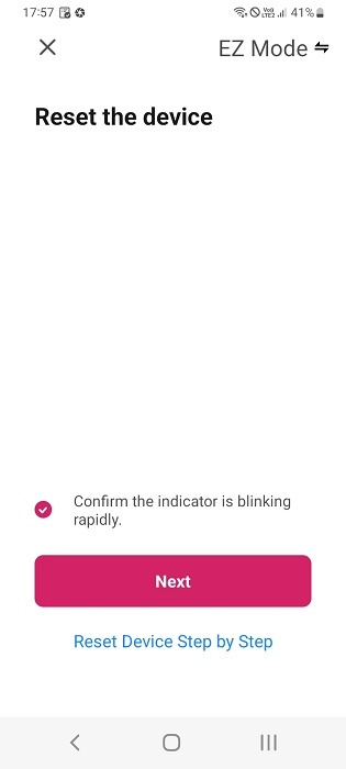 Indicator confirming reset message in mobile app of smart device being enrolled in home Wi-Fi. 