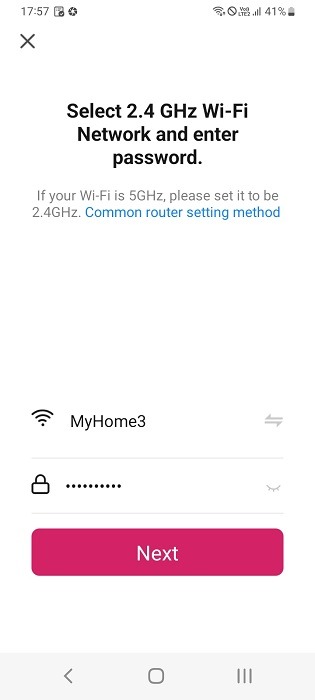 Enter SSID and password to enroll a smart device in home Wi-Fi network. 