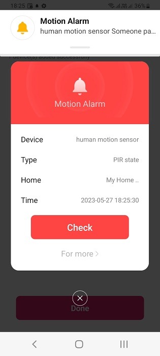 Someone passing message alert for a human motion sensor on Android app. 