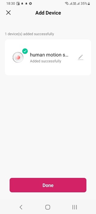 Human motion sensor successfully added in Android app status. 