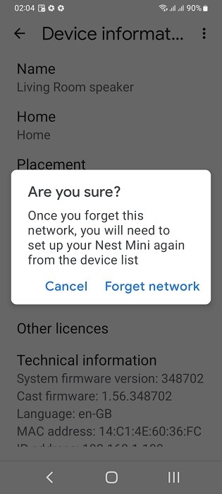 Forget network for your Google Home or Nest Mini speaker from Device Information. 