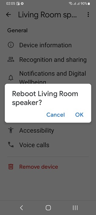 Reboot Nest speaker confirmation message.