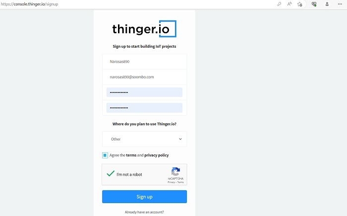 Account registration on Thinger io website. 