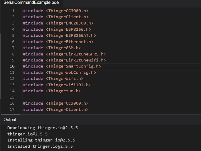 Thinger.io library visible in Arduino IDE project.