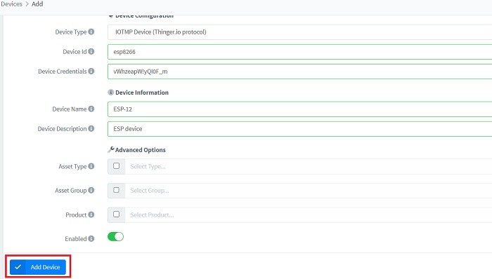 Click "Add device" under device configuration in Thinger.io console.