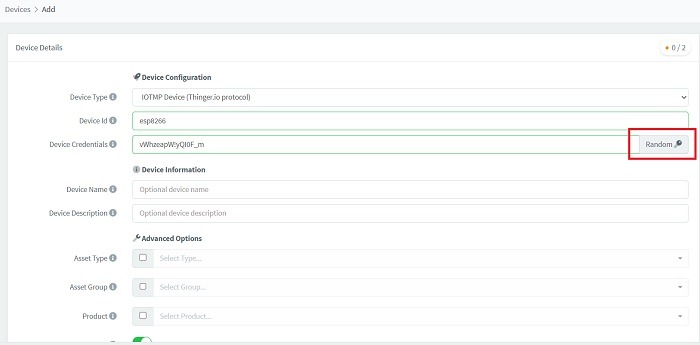 Click "random" to generate random device credentials on Thinger.io console. 