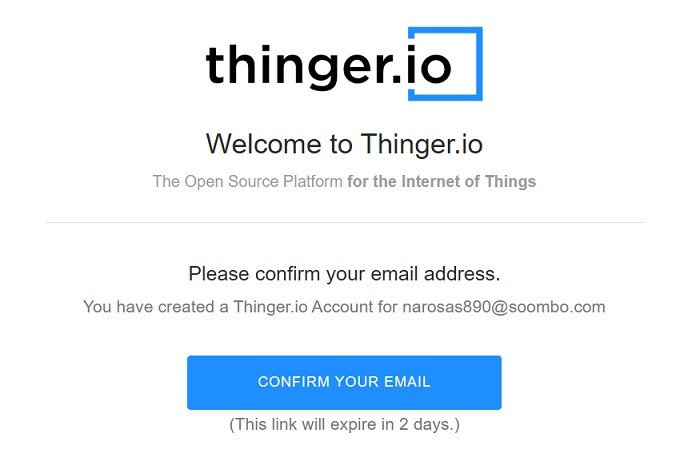 Confirm email address for Thinger.io account. 