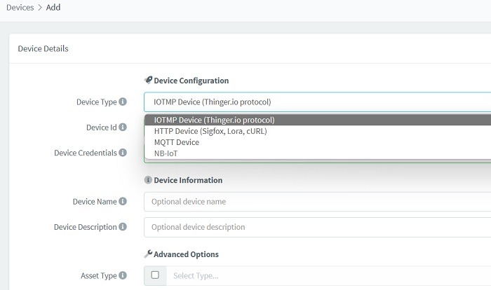 Different device types listed under device configuration of Thinger.io