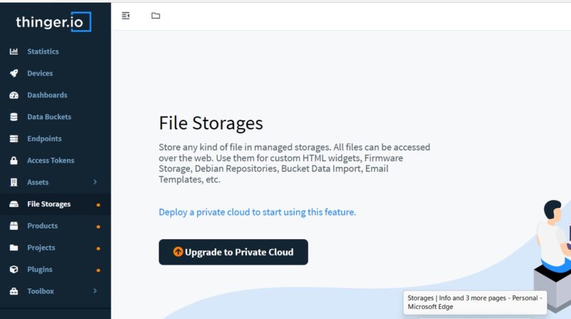 Upgrade to private iCloud to use file storage in Thinger.io console. 