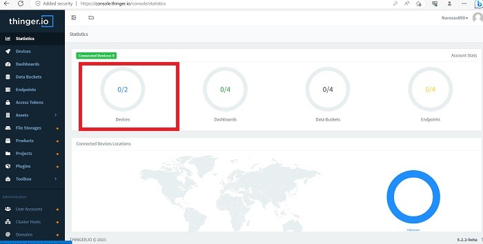 Thinger.io web console and click the devices circle to proceed further. 
