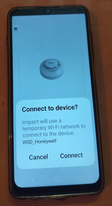 Network connection to device in wireless smoke detector app. 