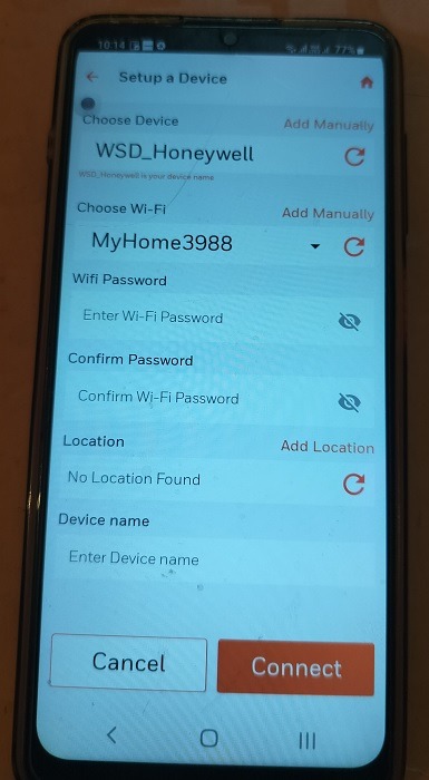 Internet connection being added to wireless smoke detector on mobile app.