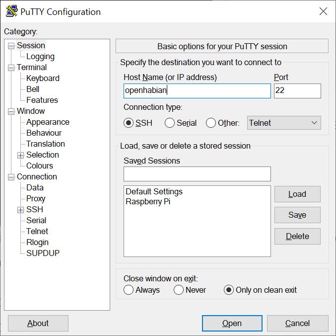 Putty Openhabian Hostname