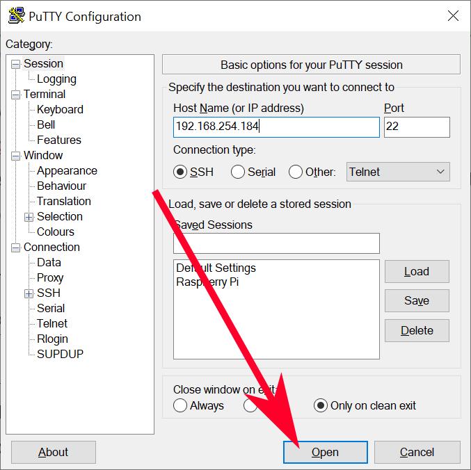 Putty Red Arrow On Ok Ip Address Text For Connecting With Raspberry Pi Ssh