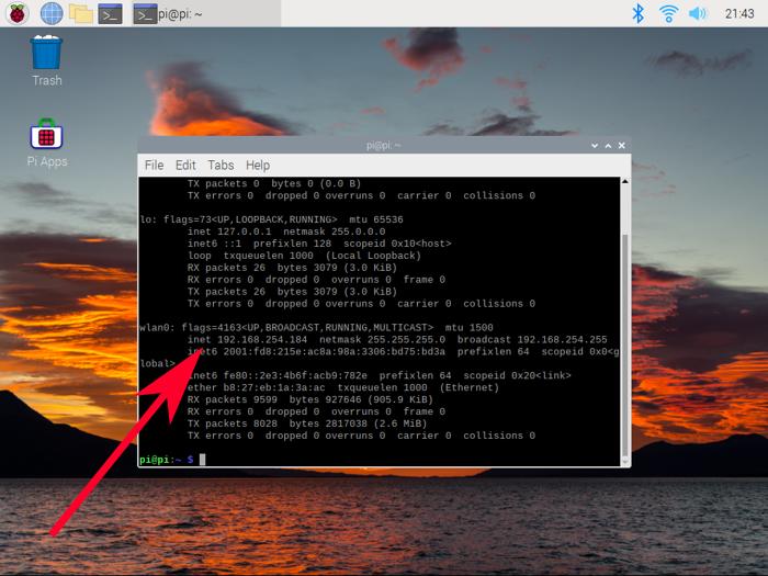 Raspberry Pi Terminal Ifconfig Data Wlan0 Inet Ip Address Red Arrow On Ip Address